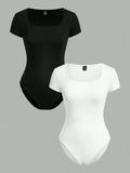SHEIN EZwear 2pcs/Set Square Collar Short Sleeve Simple Casual Bodysuit For Women