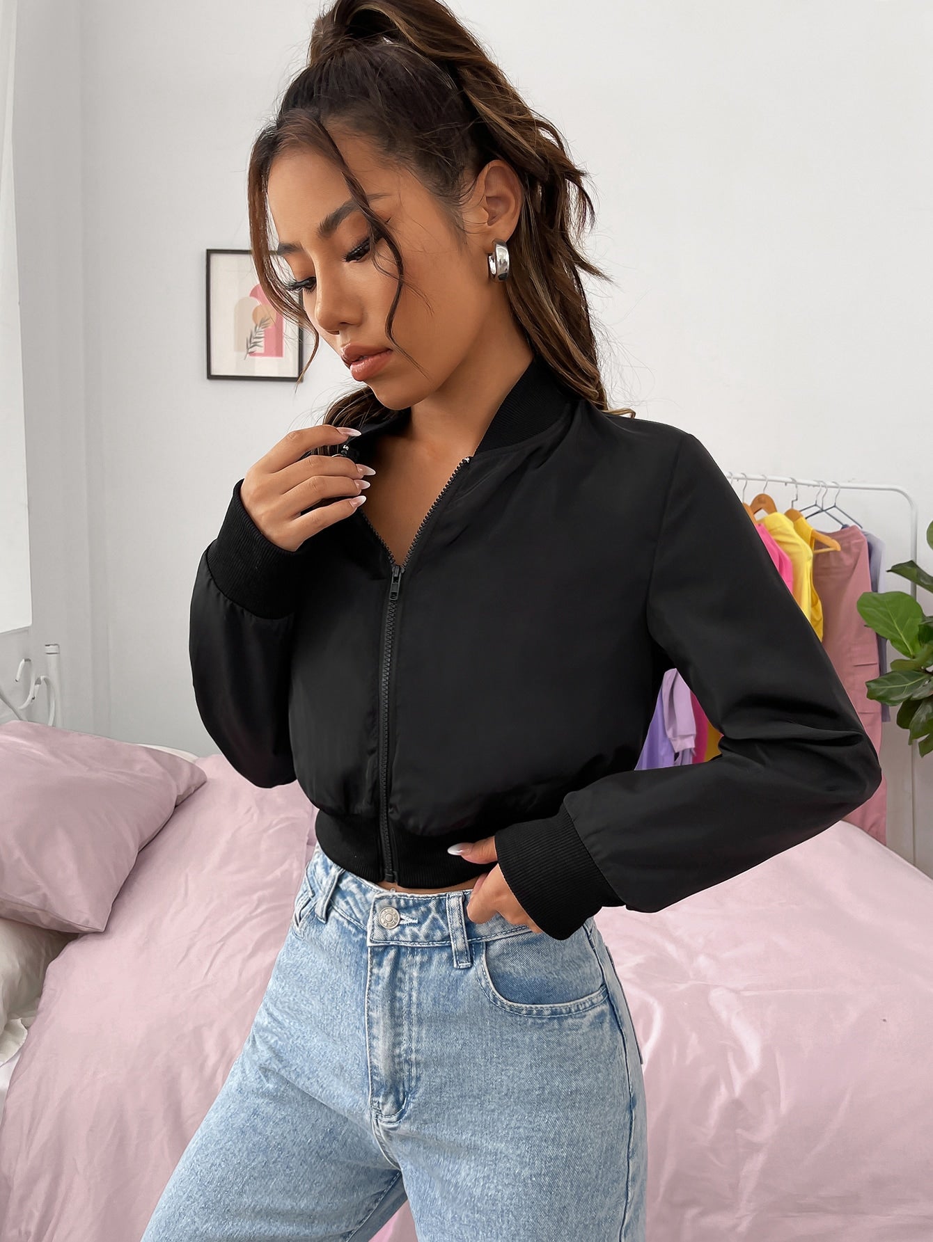  | SHEIN EZwear Baseball Collar Zip Up Crop Bomber Jacket | Sweater | Shein | OneHub