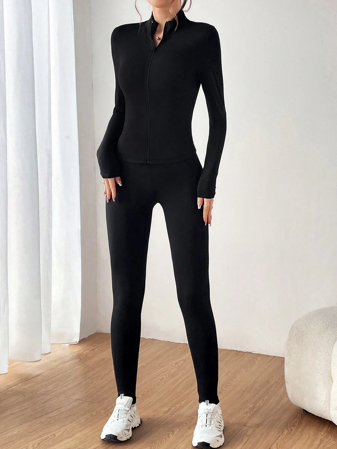  | SHEIN EZwear Black Two Piece Set Sportswear Zip Up Jacket & Leggings | Leggings | Shein | OneHub