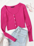 SHEIN EZwear Buttoned Front Lettuce Trim Rib-knit Top
