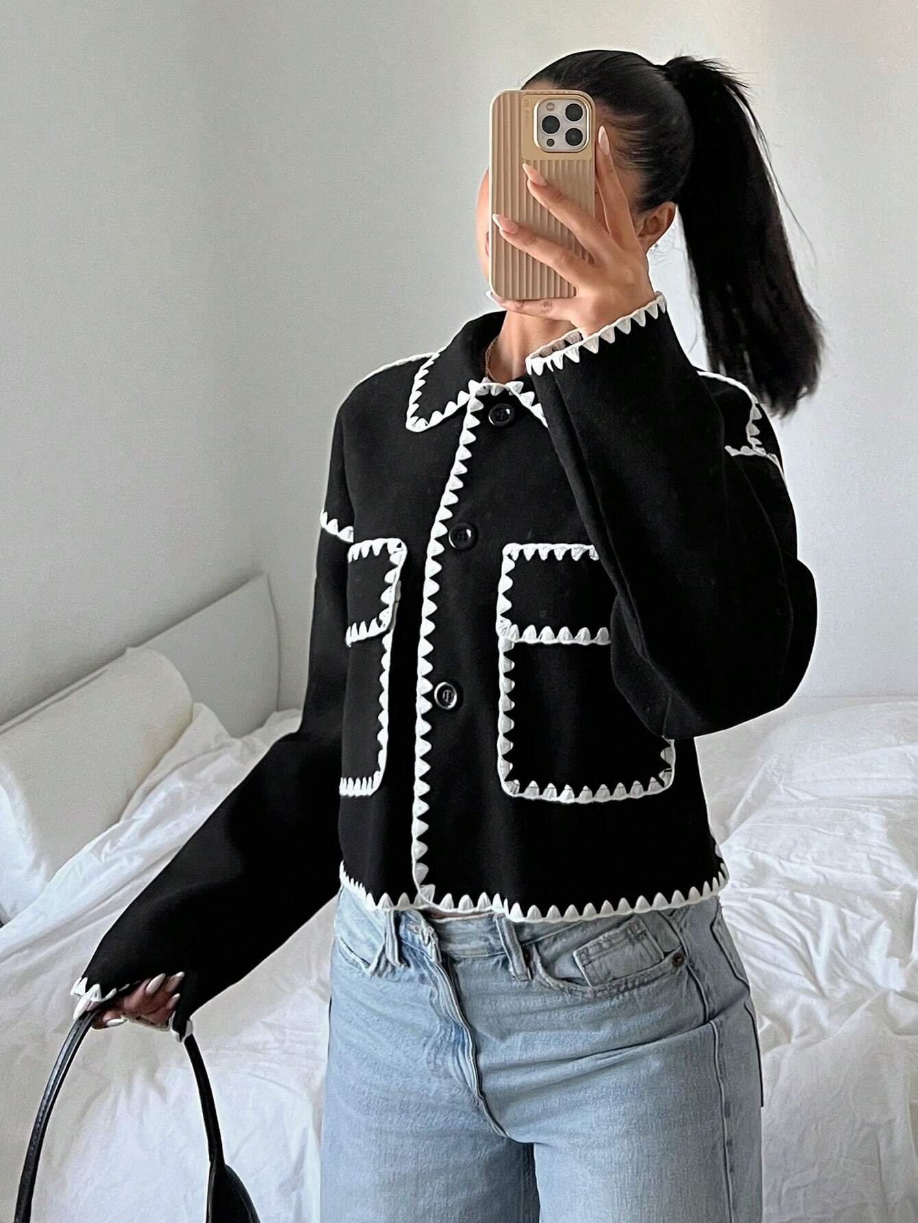 SHEIN EZwear Contrast Color Cropped Jacket In Fall/Winter