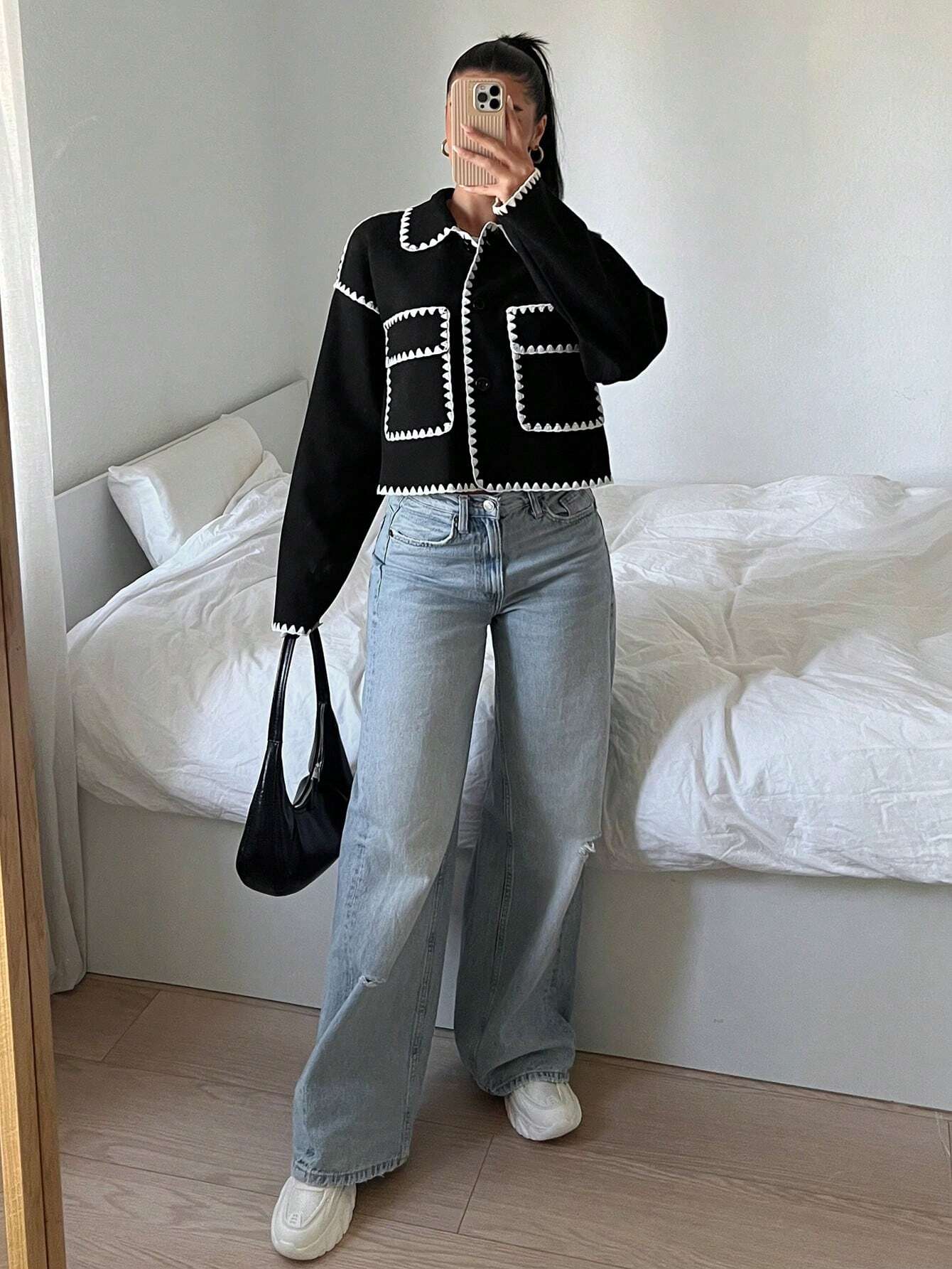 SHEIN EZwear Contrast Color Cropped Jacket In Fall/Winter