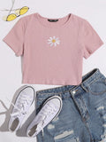 SHEIN EZwear Daisy Embroidered Rib-knit Tee