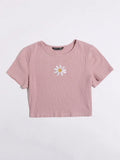  | SHEIN EZwear Daisy Embroidered Rib-knit Tee | Top | Shein | OneHub