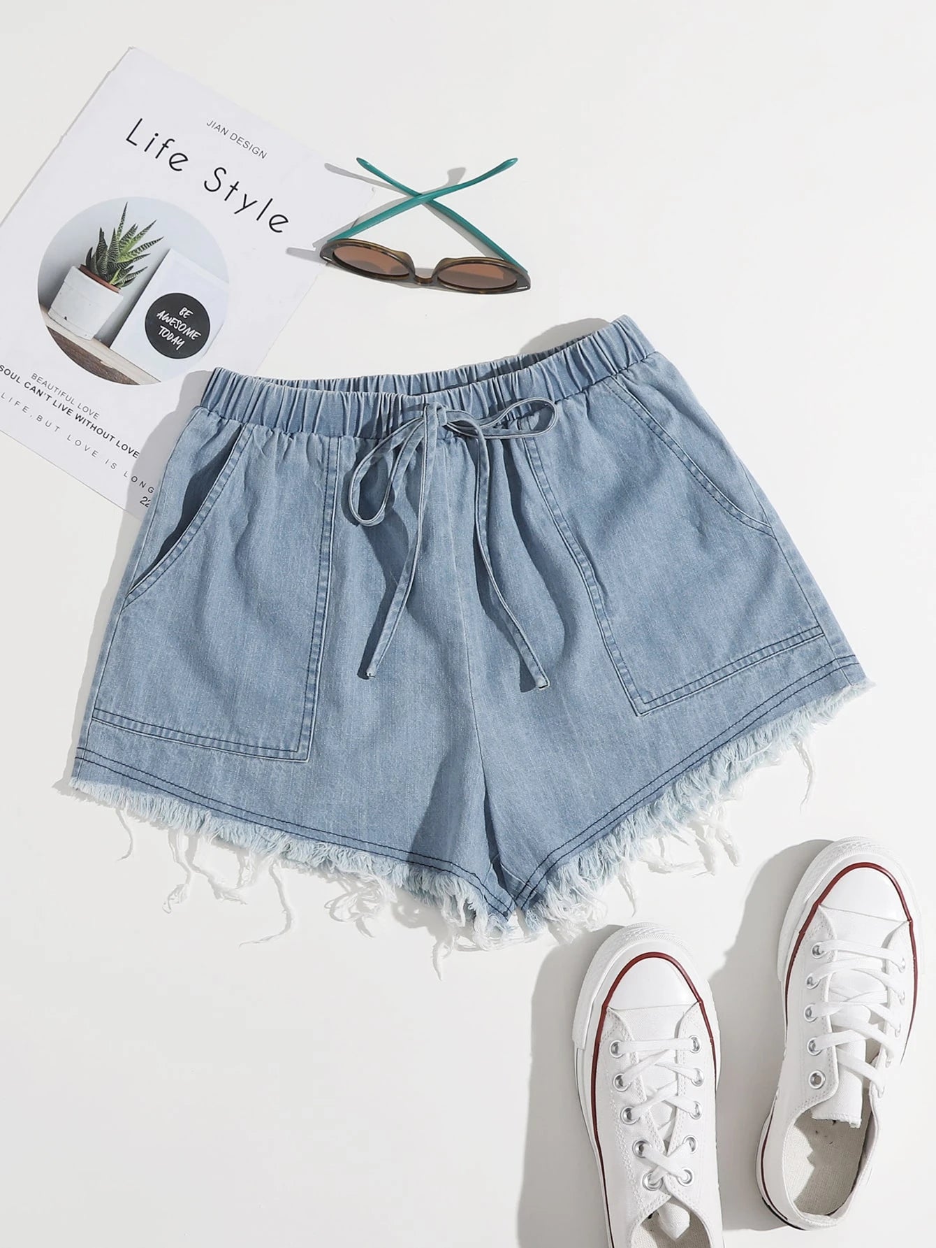  | SHEIN EZwear Knot Waist Patched Slant Pocket Raw Hem Shorts | Pants | Shein | OneHub