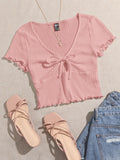 SHEIN EZwear Lettuce Trim Knot Front Waffle Knit Wavy Edge V-Neck Short Sleeves Tee