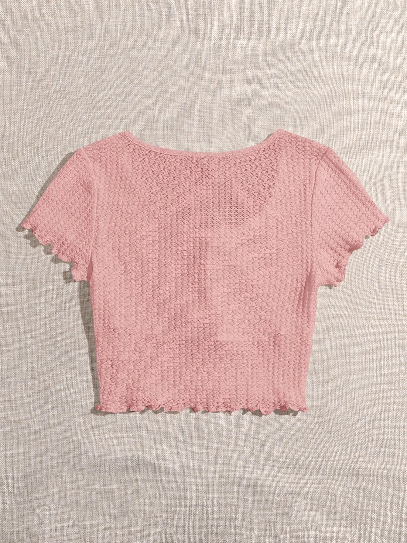  | SHEIN EZwear Lettuce Trim Knot Front Waffle Knit Wavy Edge V-Neck Short Sleeves Tee | Top | Shein | OneHub