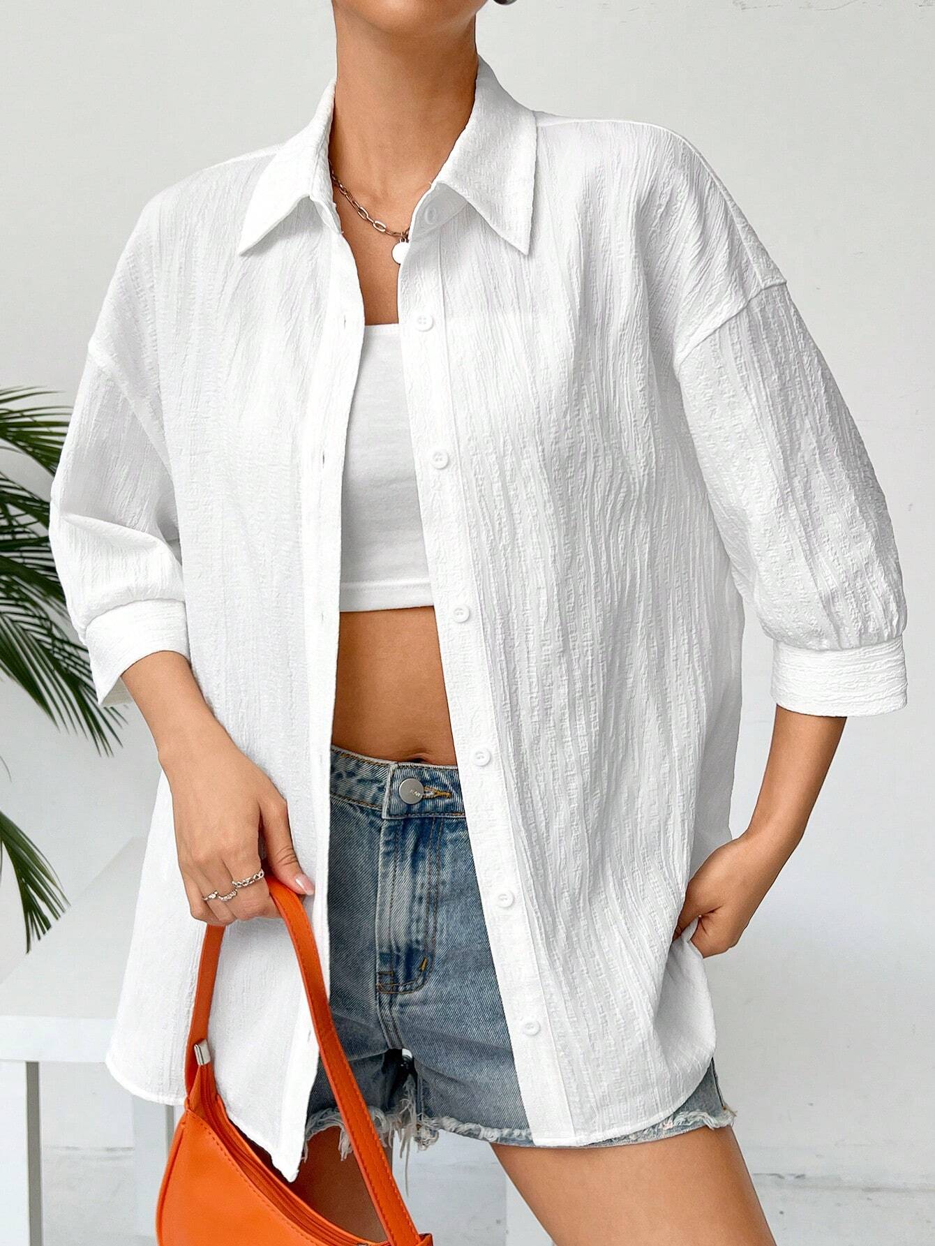  | SHEIN EZwear Linen Solid Drop Shoulder Button Front Beach Shirt | Blouse | Shein | OneHub