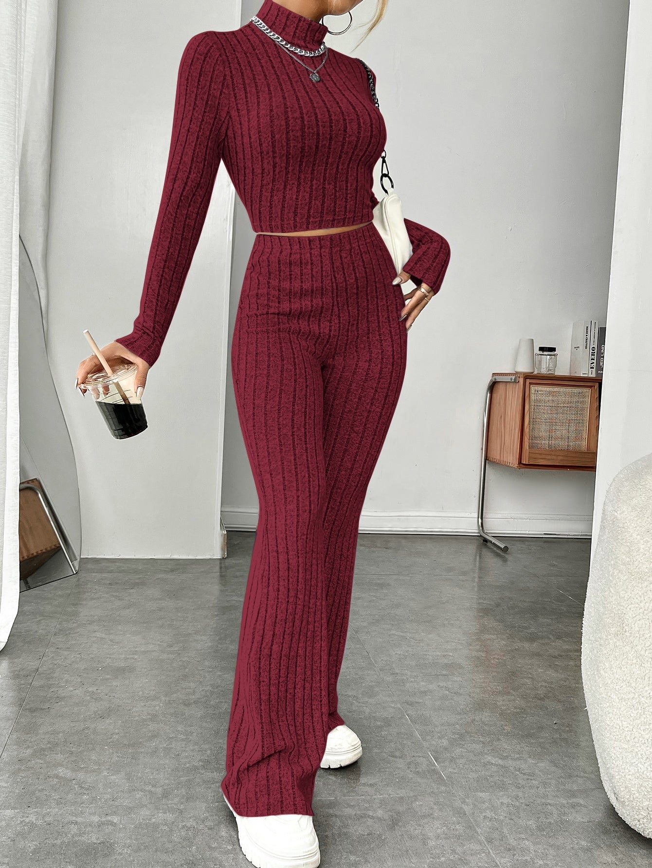  | SHEIN EZwear Mock Neck Crop Tee & Flare Leg Trousers | Top and Pant Set | Shein | OneHub