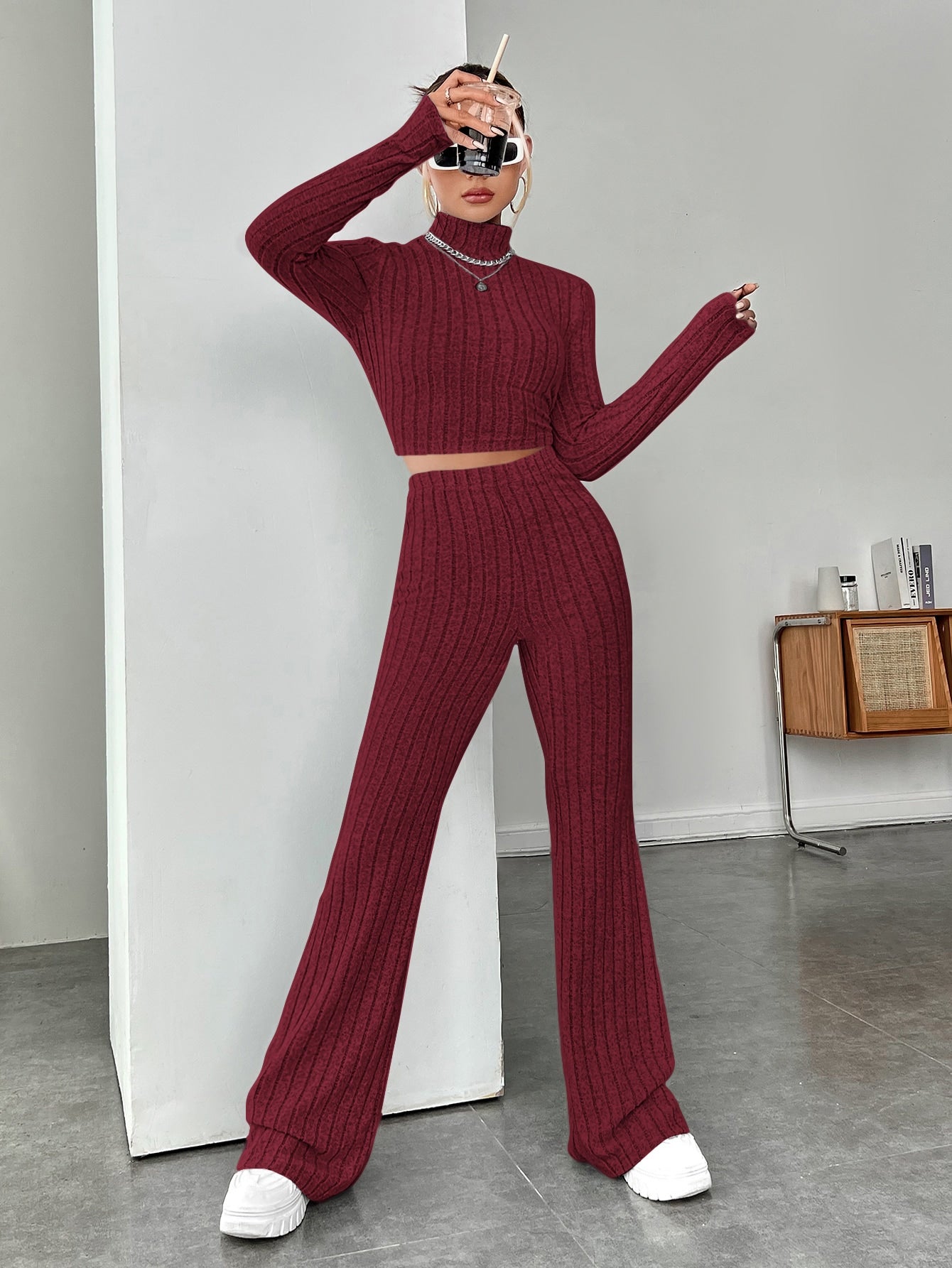  | SHEIN EZwear Mock Neck Crop Tee & Flare Leg Trousers | Top and Pant Set | Shein | OneHub