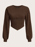 SHEIN EZwear Solid Drop Shoulder Hanky Hem Crop Sweatshirt,Long Sleeve Tops In Fall/Winter