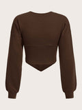 SHEIN EZwear Solid Drop Shoulder Hanky Hem Crop Sweatshirt,Long Sleeve Tops In Fall/Winter