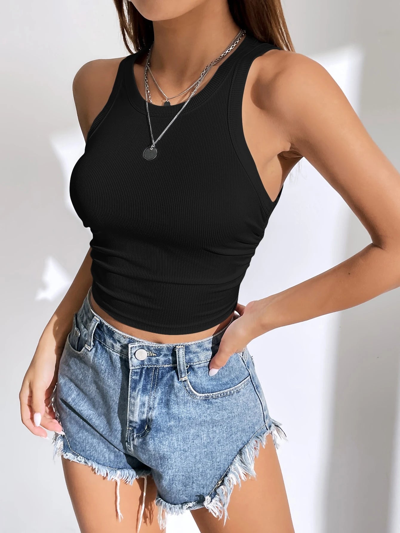 SHEIN EZwear Solid Ruched Side Crop Tank Top