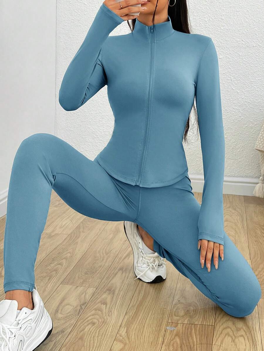  | SHEIN EZwear Sportswear Zip Up Jacket & Leggings ,2 Piece Set Blue | Sports Set | Shein | OneHub