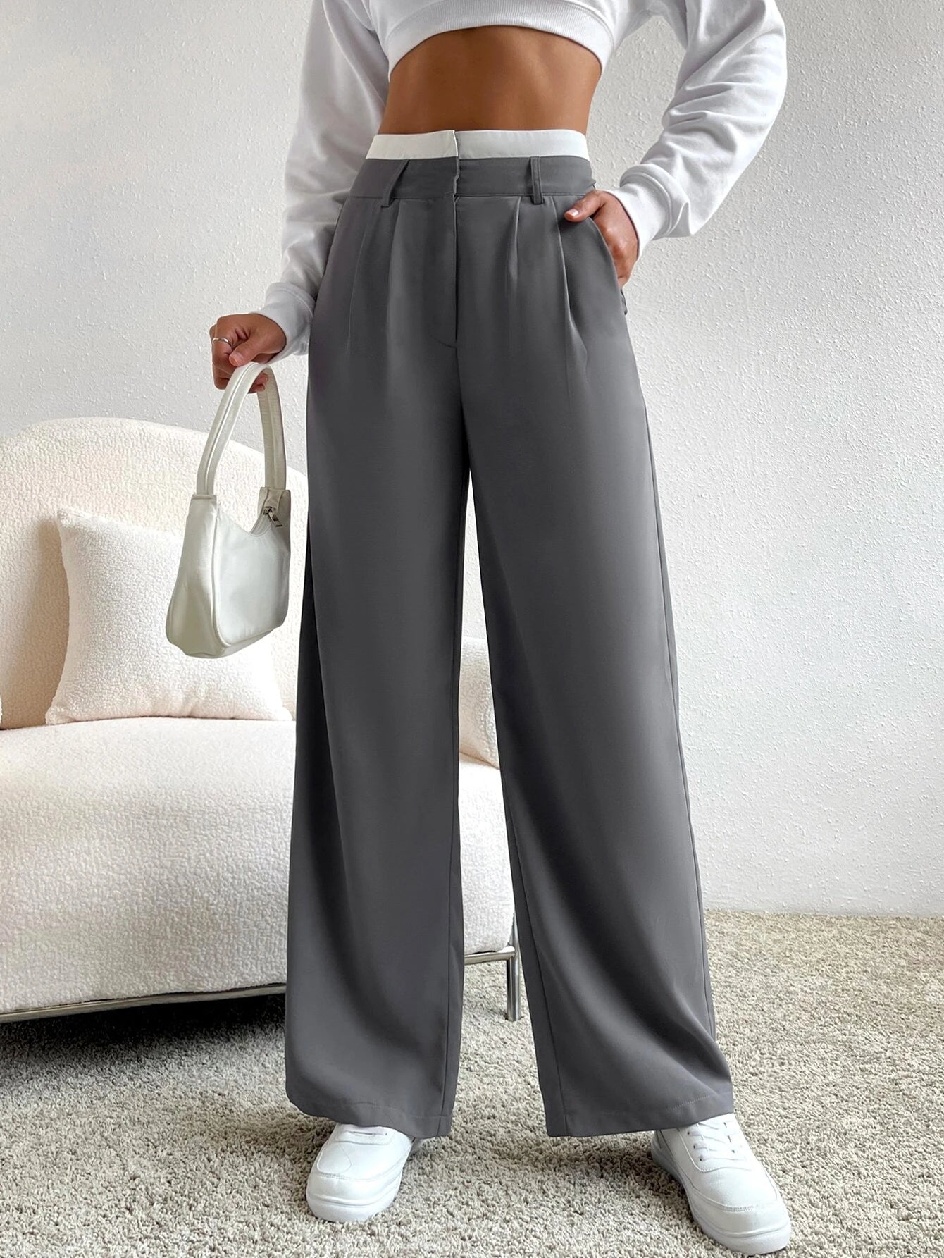  | SHEIN EZwear Spring Dress PantsHigh Waist Plicated Detail Wide Leg Suit Pants | Pants | Shein | OneHub