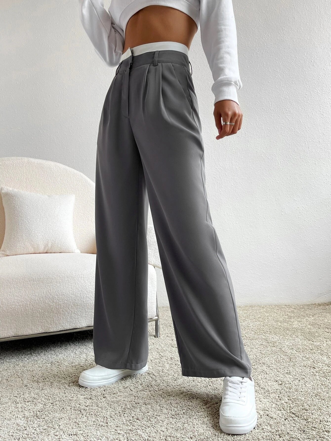  | SHEIN EZwear Spring Dress PantsHigh Waist Plicated Detail Wide Leg Suit Pants | Pants | Shein | OneHub