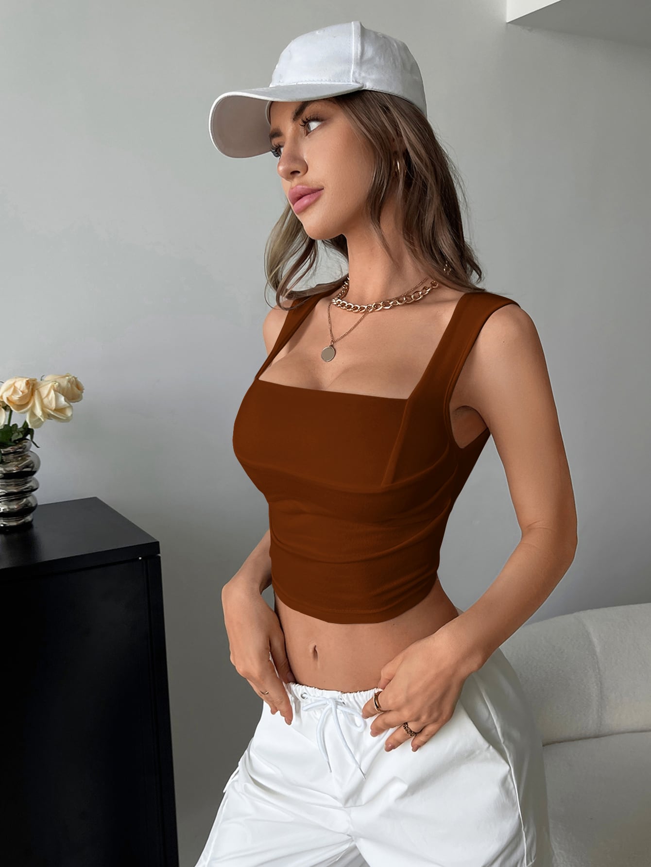  | SHEIN EZwear Square Neck Ruched Crop Tank Top | Top | Shein | OneHub