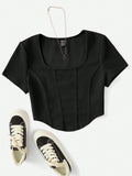 SHEIN EZwear Square Neck Seam Detail Bandana Hem Tee