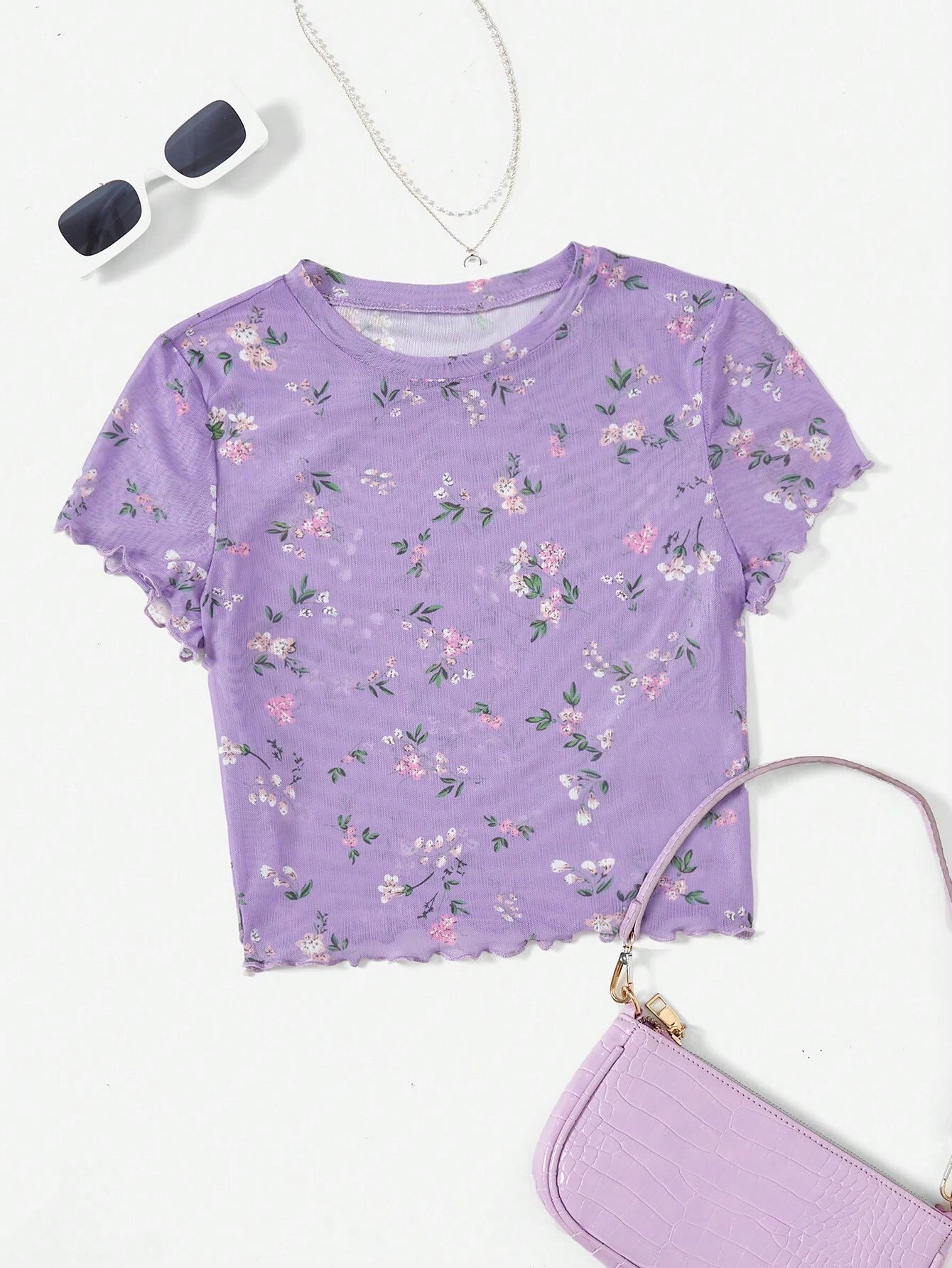  | SHEIN EZwear Summer Ditsy Floral Print Lettuce Trim Mesh Top | Tee | Shein | OneHub