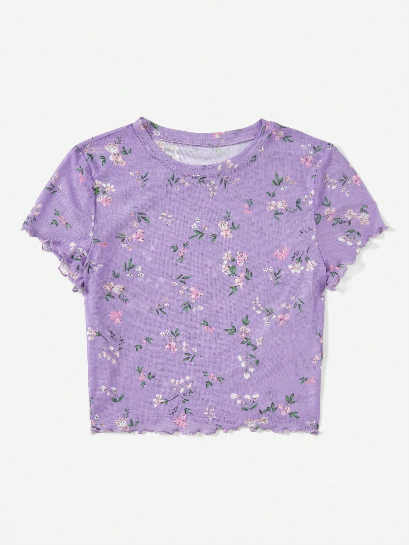  | SHEIN EZwear Summer Ditsy Floral Print Lettuce Trim Mesh Top | Tee | Shein | OneHub