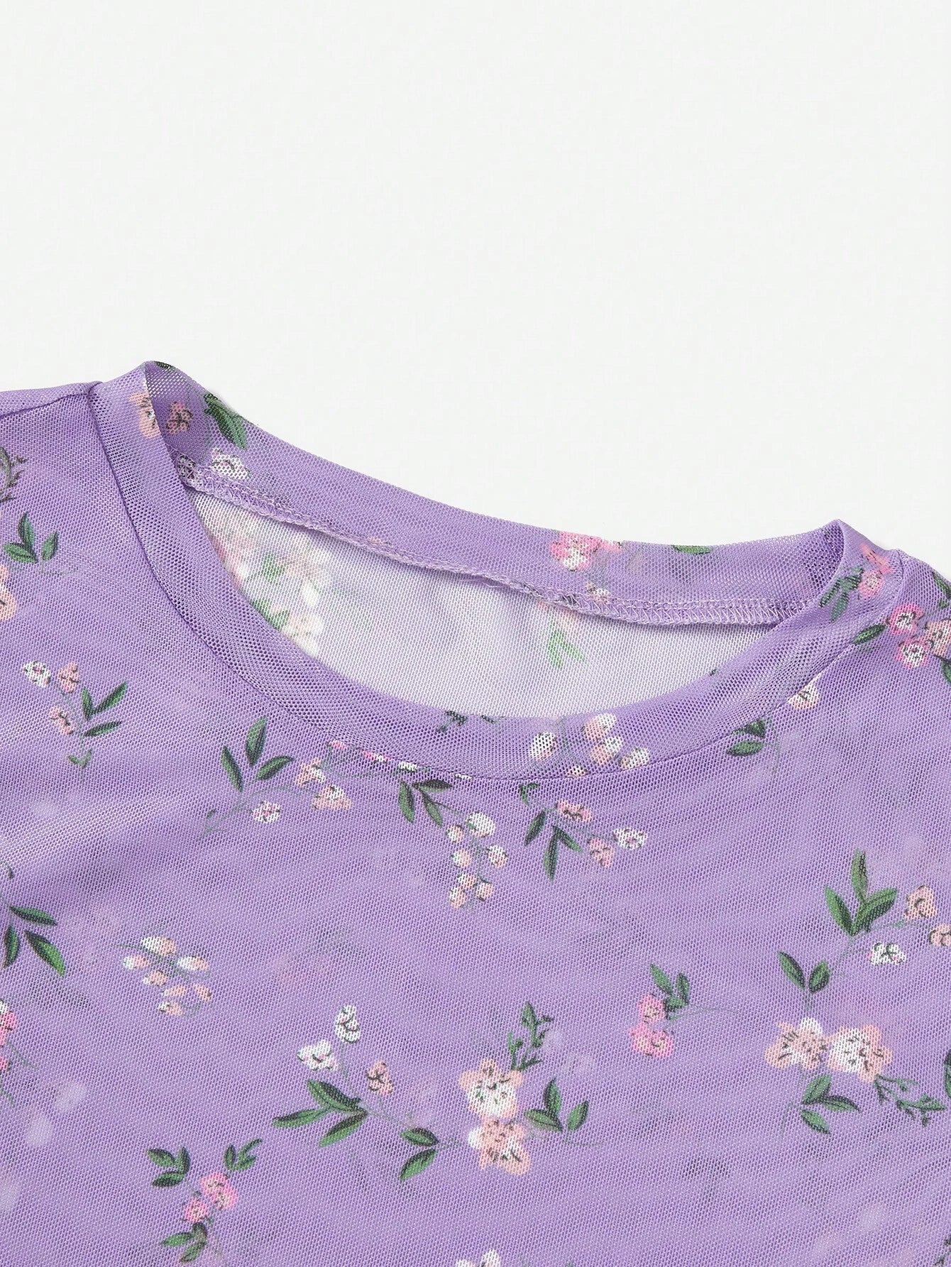  | SHEIN EZwear Summer Ditsy Floral Print Lettuce Trim Mesh Top | Tee | Shein | OneHub