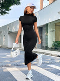  | SHEIN EZwear Summer Solid Blcak Mock Neck Short Sleeves Slit Bodycon Dress | Dress | Shein | OneHub