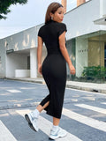  | SHEIN EZwear Summer Solid Blcak Mock Neck Short Sleeves Slit Bodycon Dress | Dress | Shein | OneHub