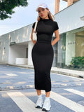  | SHEIN EZwear Summer Solid Blcak Mock Neck Short Sleeves Slit Bodycon Dress | Dress | Shein | OneHub