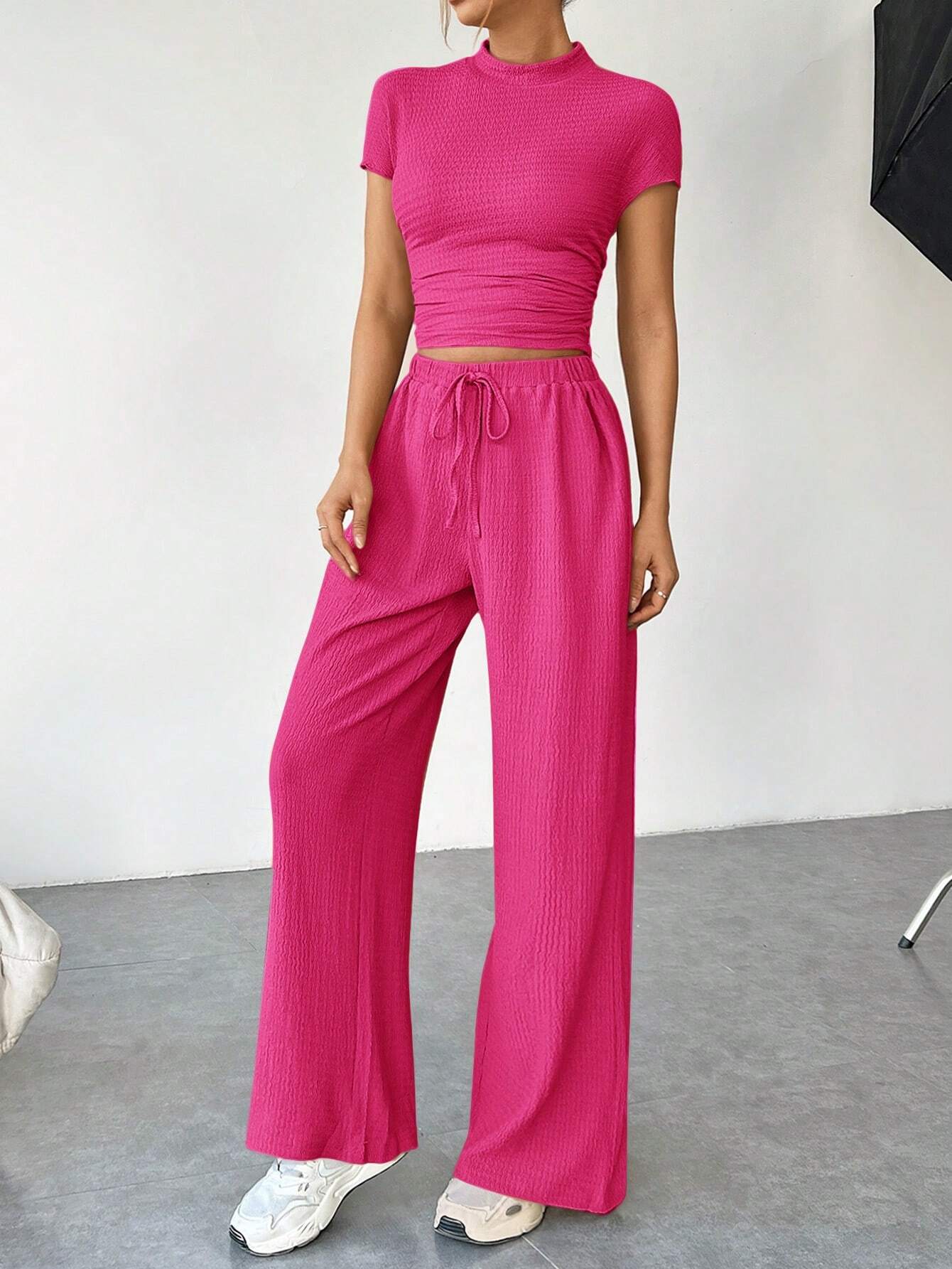  | SHEIN EZwear Women Summer Slim Fit Short Sleeve Stand Collar Pleated T-Shirt And Wide-Leg Loose Casual Pants Two-Piece Set | Top and Pant Set | Shein | OneHub