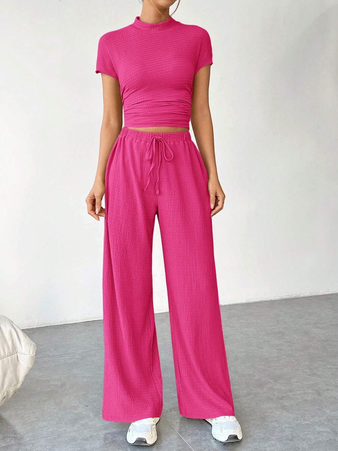  | SHEIN EZwear Women Summer Slim Fit Short Sleeve Stand Collar Pleated T-Shirt And Wide-Leg Loose Casual Pants Two-Piece Set | Top and Pant Set | Shein | OneHub