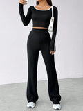  | SHEIN EZwear Women's Color-Blocked Long Sleeve Crop Tee And Pants Set | Leggings | Shein | OneHub