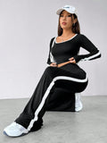  | SHEIN EZwear Women's Color-Blocked Long Sleeve Crop Tee And Pants Set | Leggings | Shein | OneHub