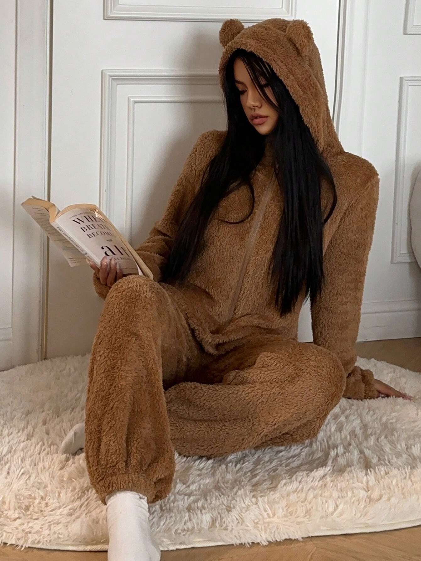SHEIN EZwear Women's New Arrival Plush Jumpsuit For Home Wear