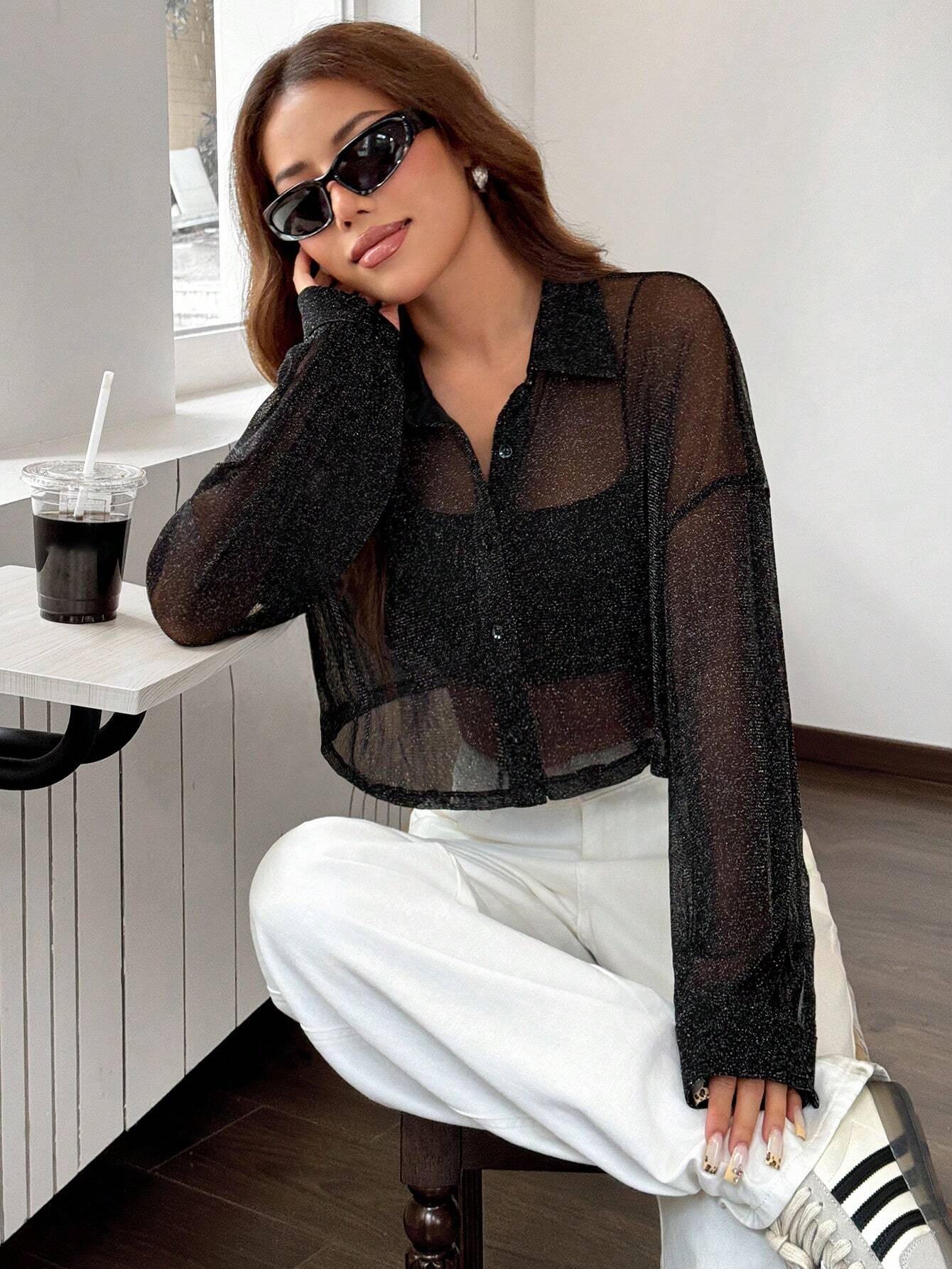 SHEIN EZwear Women's Sheer Glitter Shoulder Drop Long Sleeve Crop Blouse, Autumn