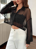 SHEIN EZwear Women's Sheer Glitter Shoulder Drop Long Sleeve Crop Blouse, Autumn
