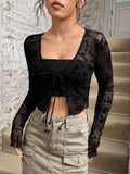 SHEIN EZwear Women's Sheer Mesh Plant Print Tie-Front Shirt