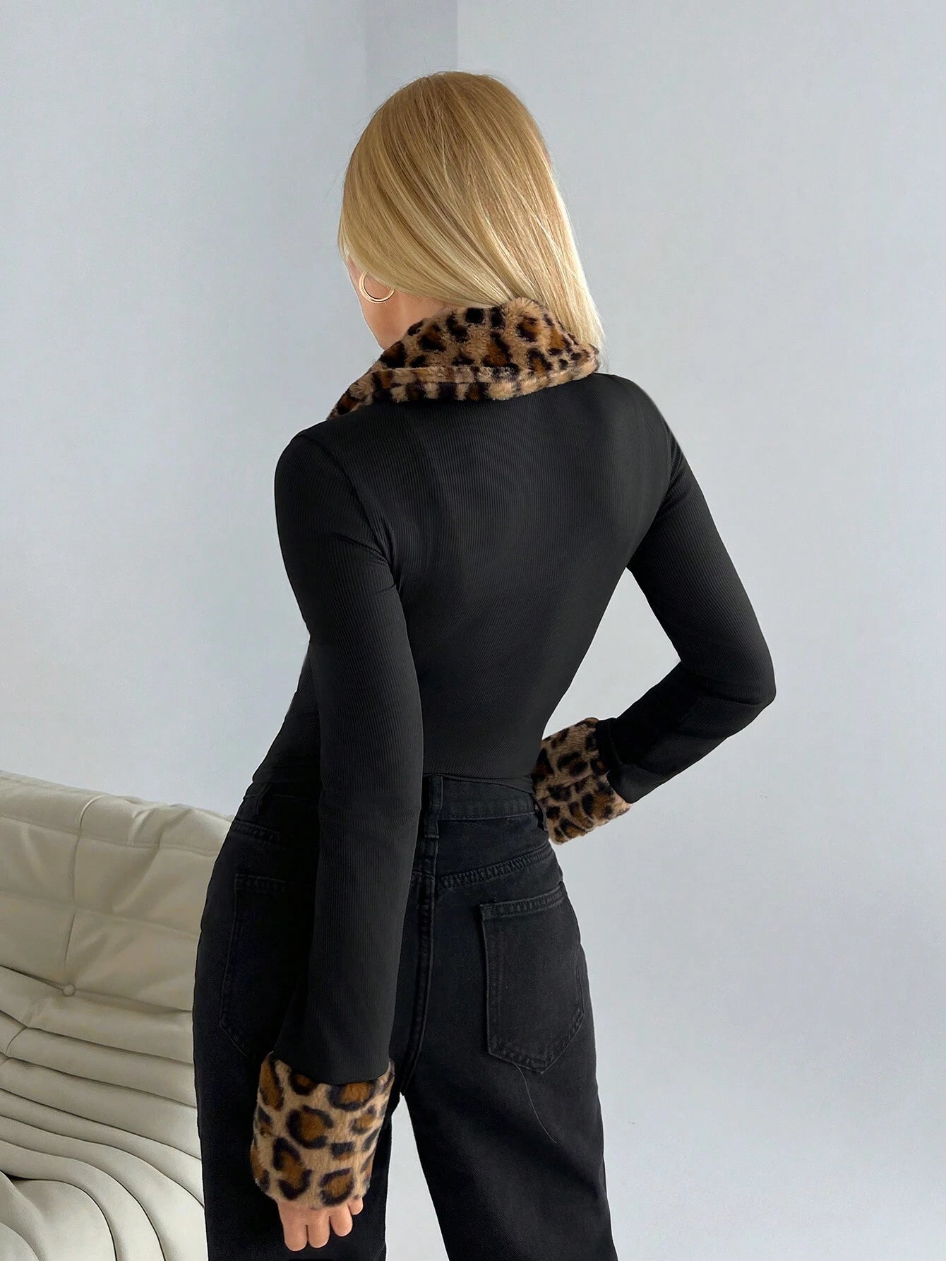  | SHEIN EZwear Women's Spring & Autumn Leopard Print Panel Fleece Lapel Long Sleeve Zip Front Fitted Jacket | Sweater | Shein | OneHub