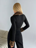  | SHEIN EZwear Women's Spring & Autumn Leopard Print Panel Fleece Lapel Long Sleeve Zip Front Fitted Jacket | Sweater | Shein | OneHub