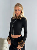  | SHEIN EZwear Women's Spring & Autumn Leopard Print Panel Fleece Lapel Long Sleeve Zip Front Fitted Jacket | Sweater | Shein | OneHub