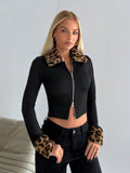  | SHEIN EZwear Women's Spring & Autumn Leopard Print Panel Fleece Lapel Long Sleeve Zip Front Fitted Jacket | Sweater | Shein | OneHub