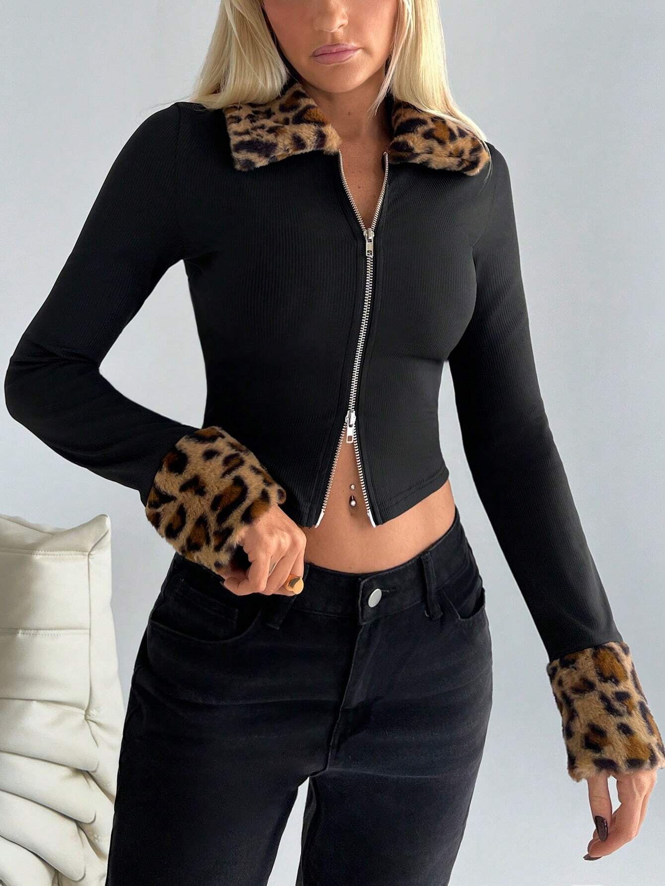  | SHEIN EZwear Women's Spring & Autumn Leopard Print Panel Fleece Lapel Long Sleeve Zip Front Fitted Jacket | Sweater | Shein | OneHub