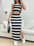  | SHEIN EZwear Women's Summer Striped Print Crop Tank Top & Split Thigh Skirt | Top and Pant Set | Shein | OneHub