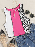 SHEIN EZwear Zebra Stripe Colorblock Lettuce Trim Tank Top, Going Out Top