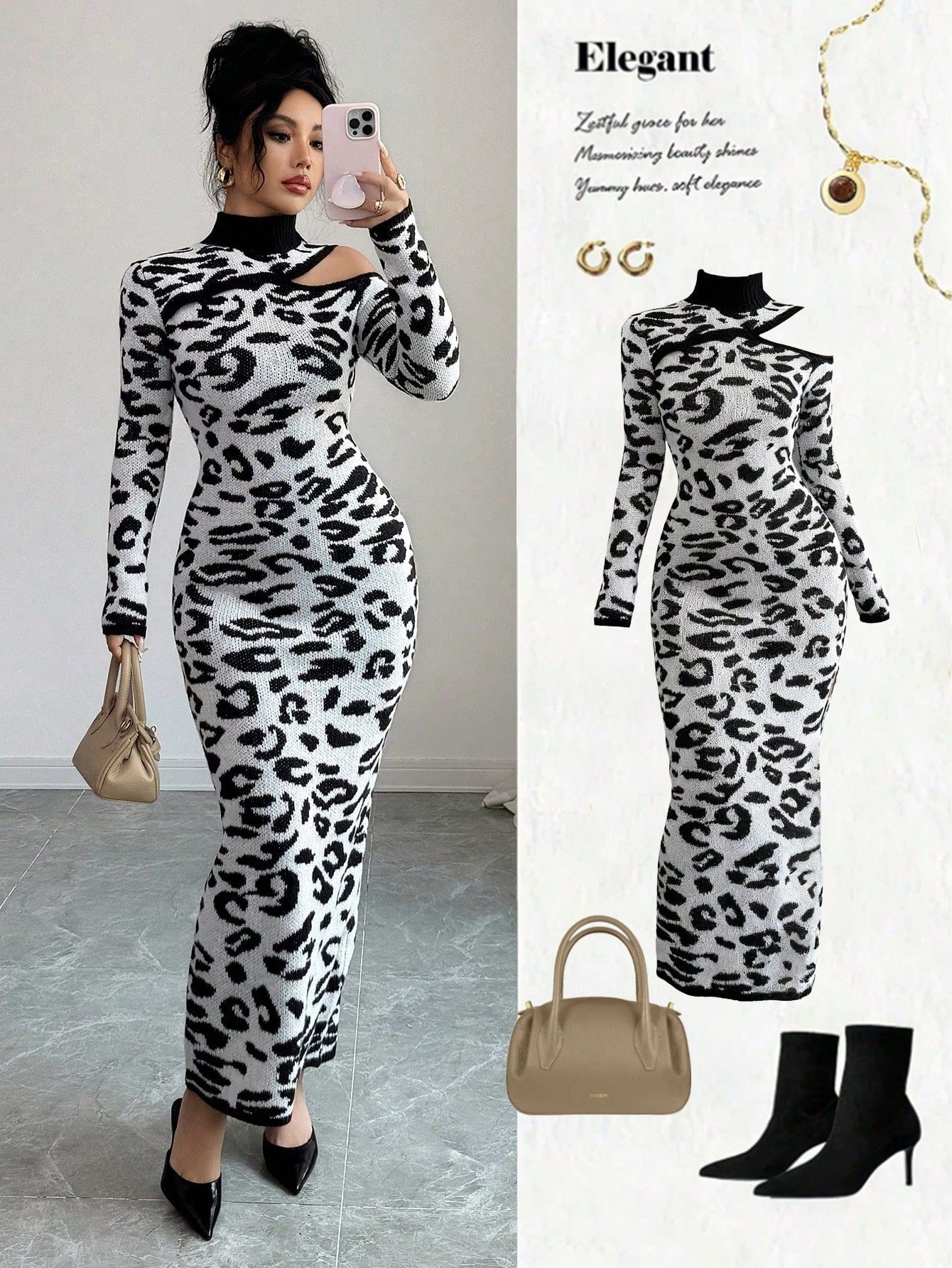 SHEIN Elenzya Elegant Women's Leopard Print Long Sleeve Mock Neck Fitted Knit Sweater Dress, Suitable For Commuting, Autumn/Winter