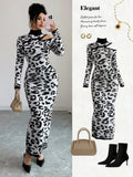 SHEIN Elenzya Elegant Women's Leopard Print Long Sleeve Mock Neck Fitted Knit Sweater Dress, Suitable For Commuting, Autumn/Winter