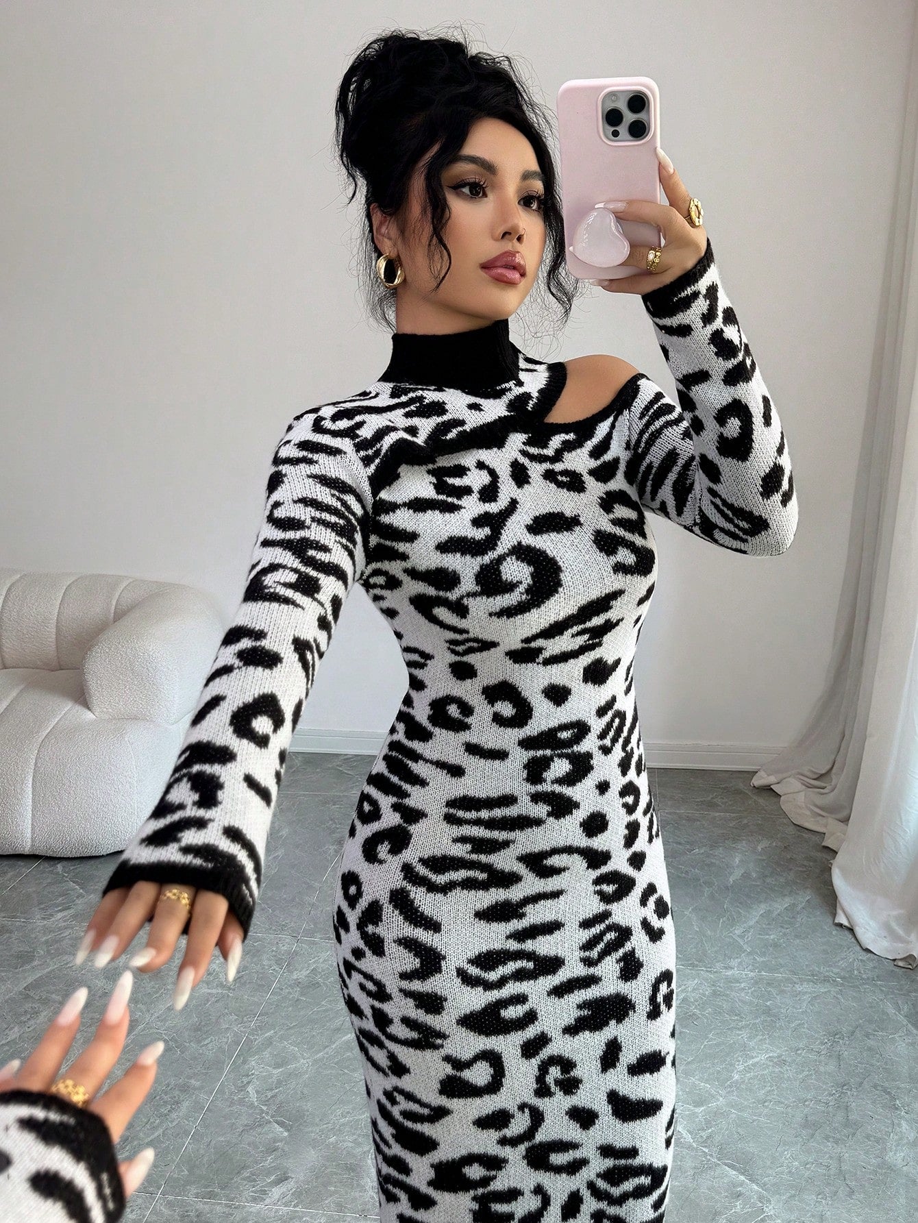 SHEIN Elenzya Elegant Women's Leopard Print Long Sleeve Mock Neck Fitted Knit Sweater Dress, Suitable For Commuting, Autumn/Winter