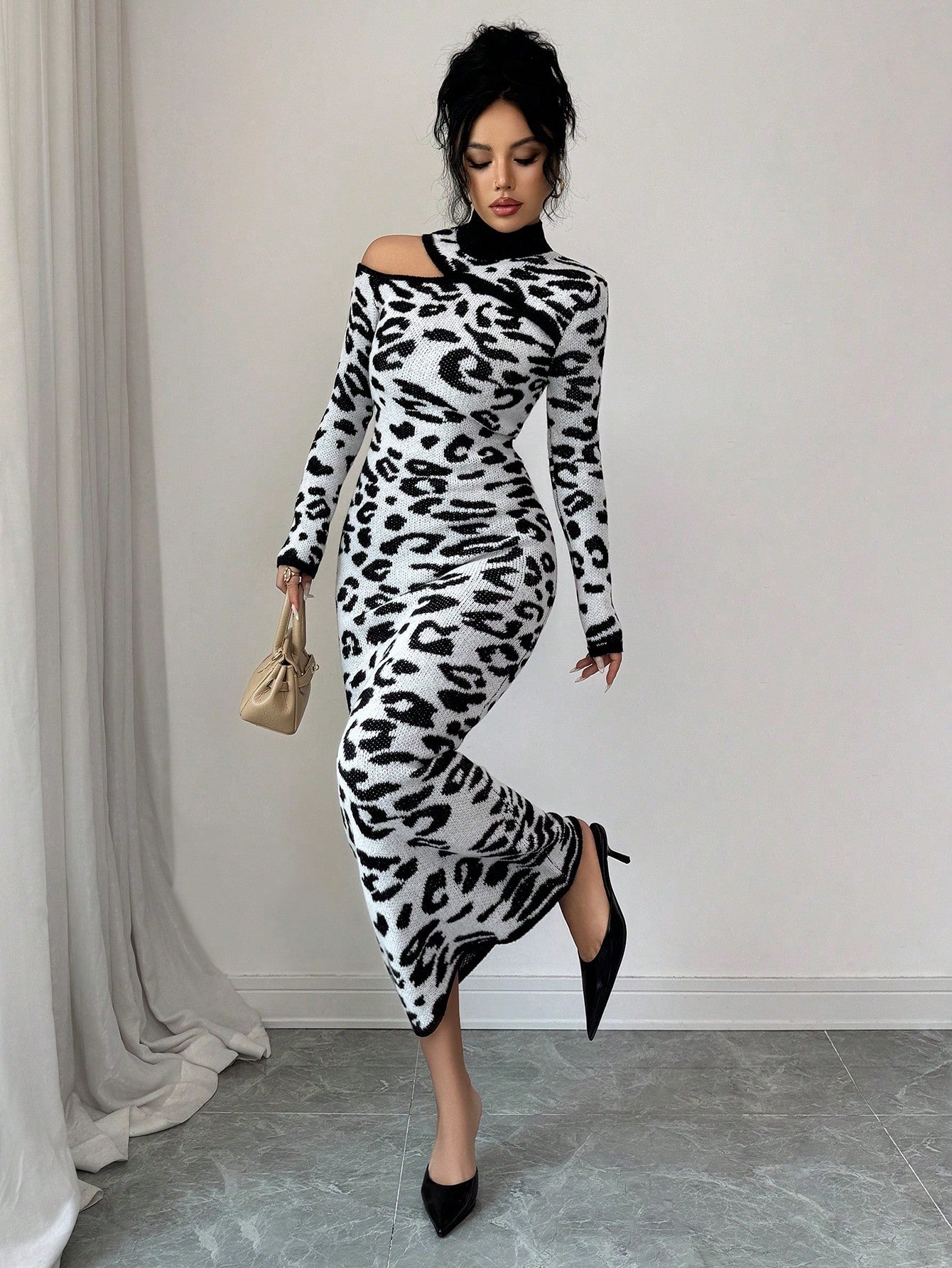 SHEIN Elenzya Elegant Women's Leopard Print Long Sleeve Mock Neck Fitted Knit Sweater Dress, Suitable For Commuting, Autumn/Winter