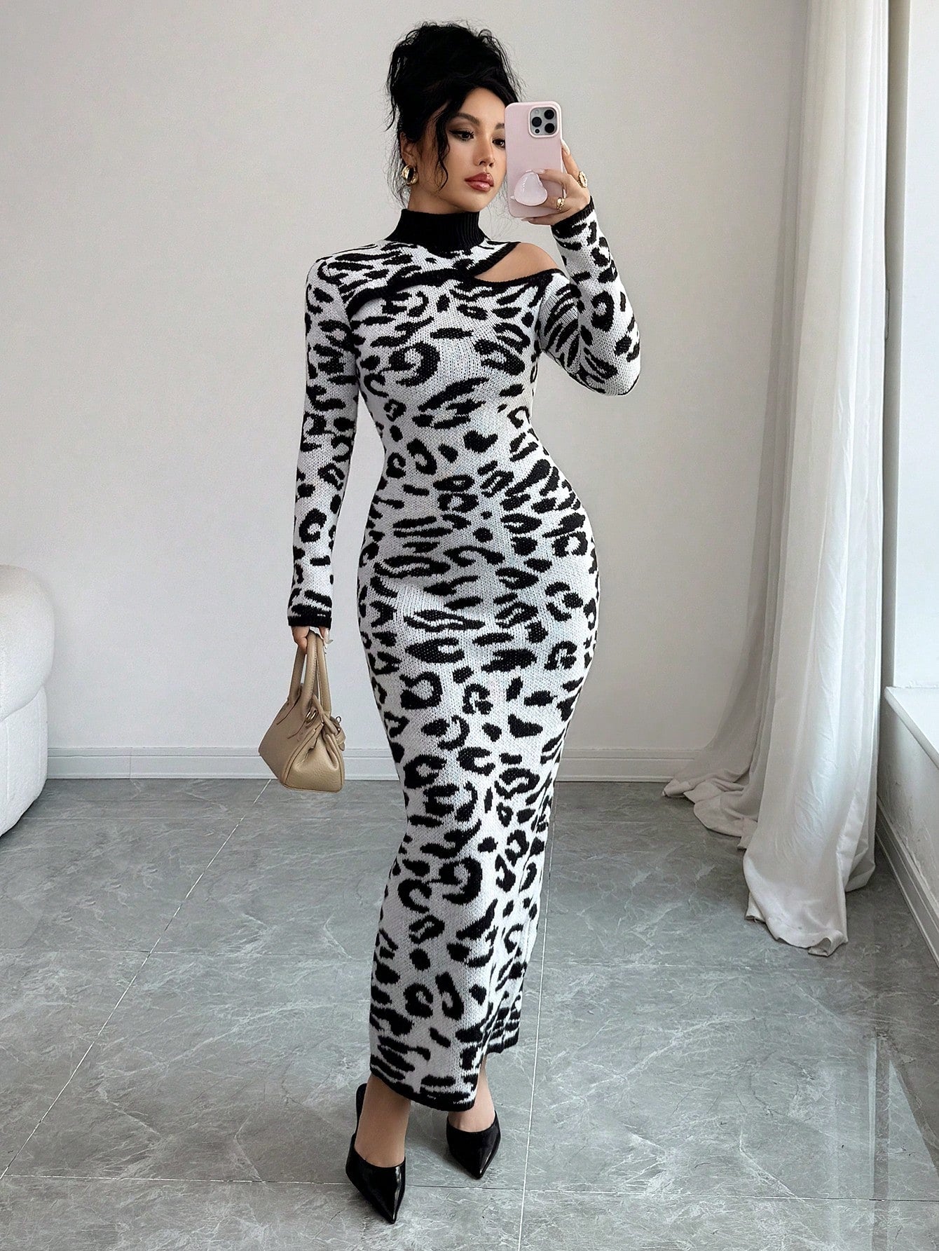 SHEIN Elenzya Elegant Women's Leopard Print Long Sleeve Mock Neck Fitted Knit Sweater Dress, Suitable For Commuting, Autumn/Winter