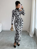 SHEIN Elenzya Elegant Women's Leopard Print Long Sleeve Mock Neck Fitted Knit Sweater Dress, Suitable For Commuting, Autumn/Winter