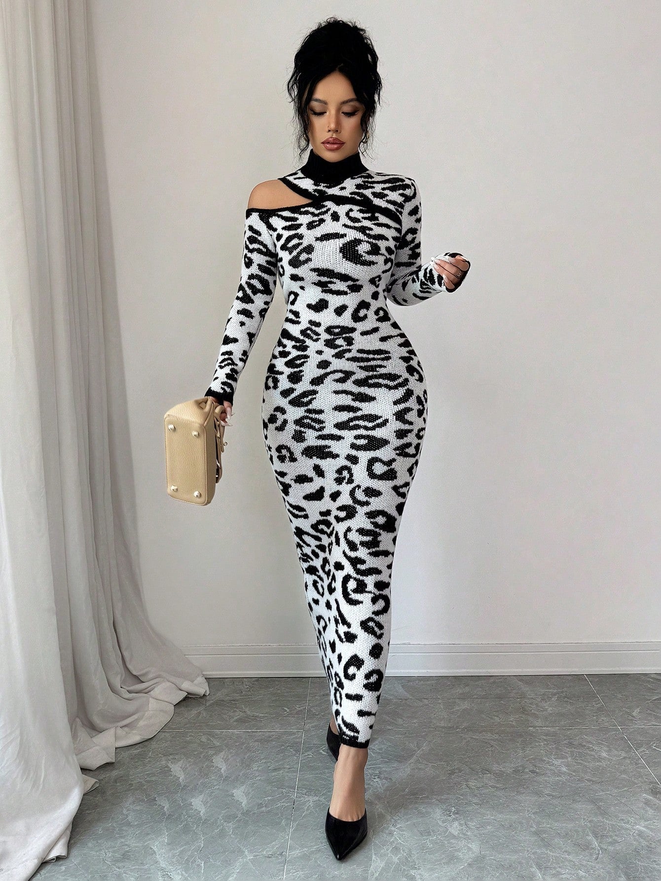 SHEIN Elenzya Elegant Women's Leopard Print Long Sleeve Mock Neck Fitted Knit Sweater Dress, Suitable For Commuting, Autumn/Winter